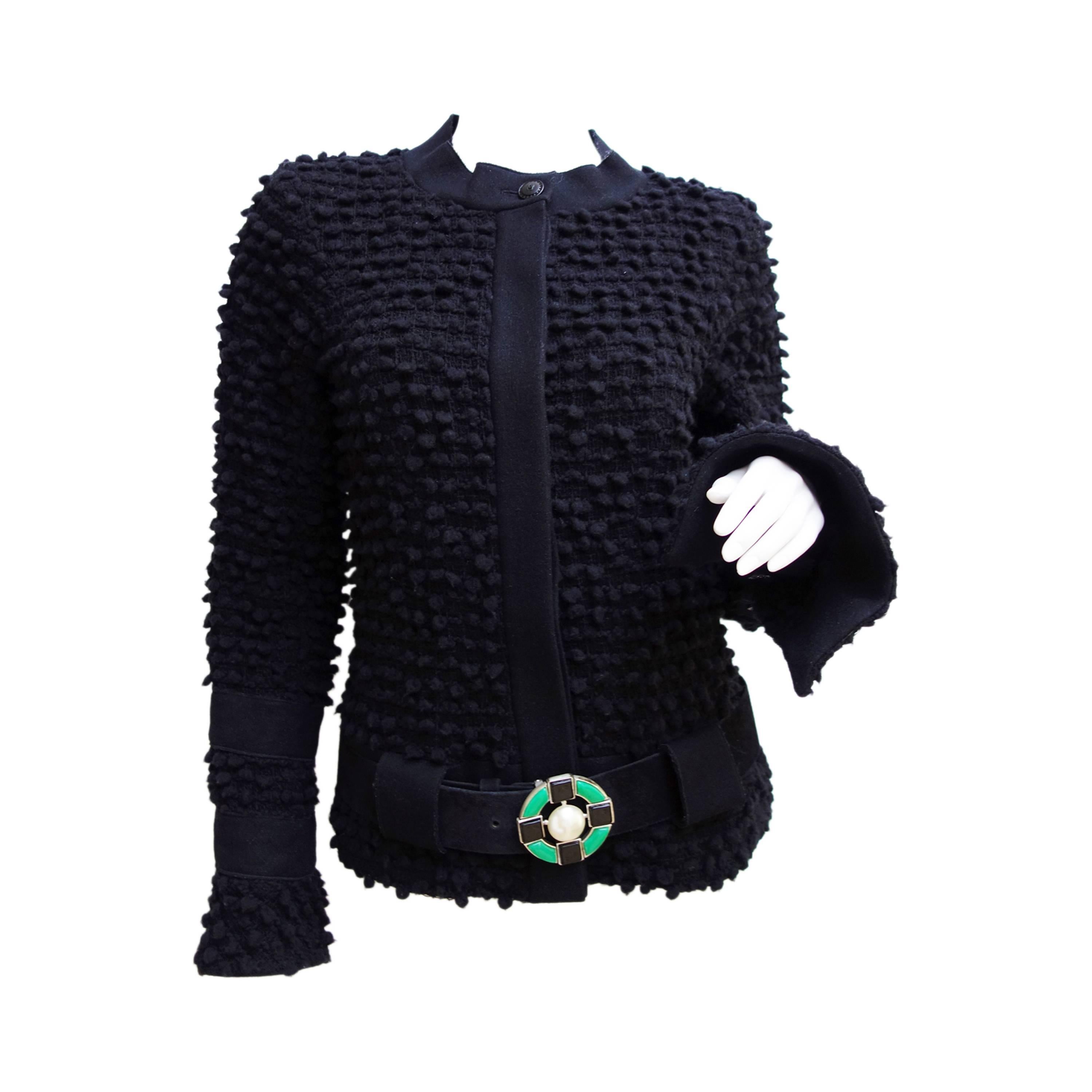 Chanel Black Wool Popcorn Tweed Gripoix Belt Jacket Size 40 For Sale