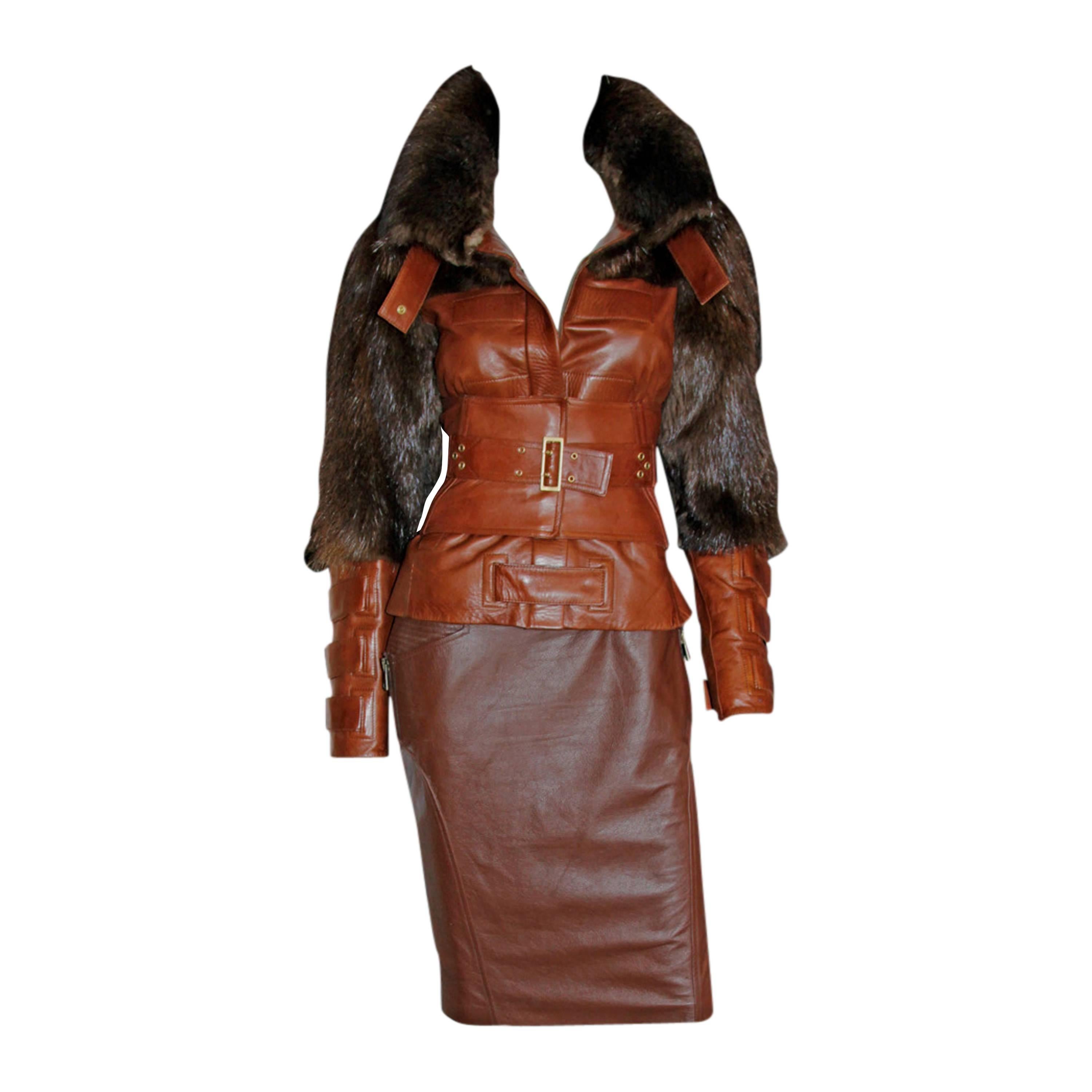 Uber Rare Tom Ford Gucci FW03 Brown Leather Fur Corseted Jacket & Matching Skirt