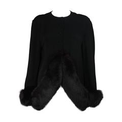 Pauline Trigere Black Silk Top with Fox Fur Trim Size Large