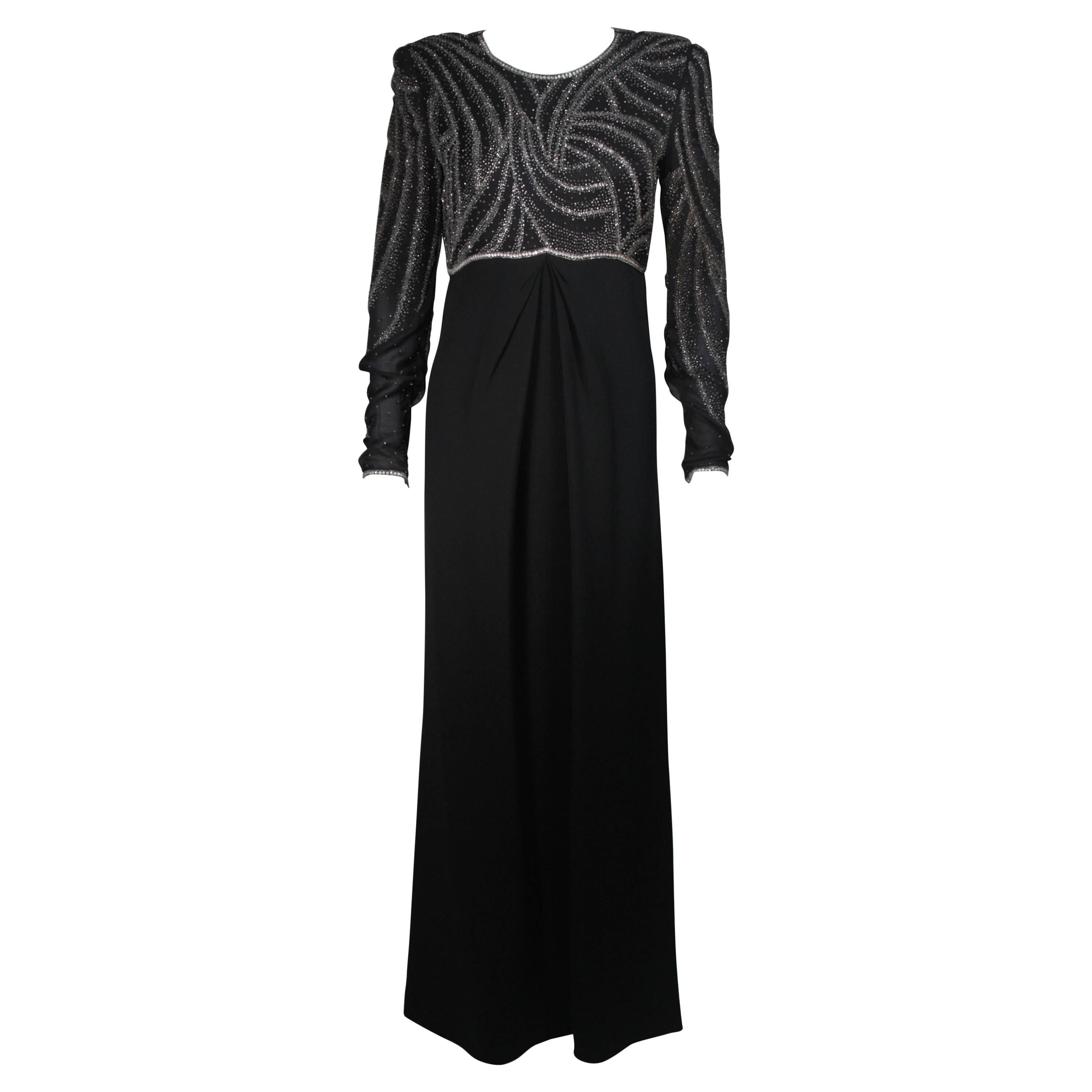 Bill Blass Black Silk Long Sleeve Beaded Gown Size 10
