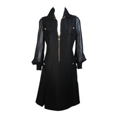Vintage 1970's Custom Black Silk Dress with Rhinestone Zipper & Buttons Size 8 10