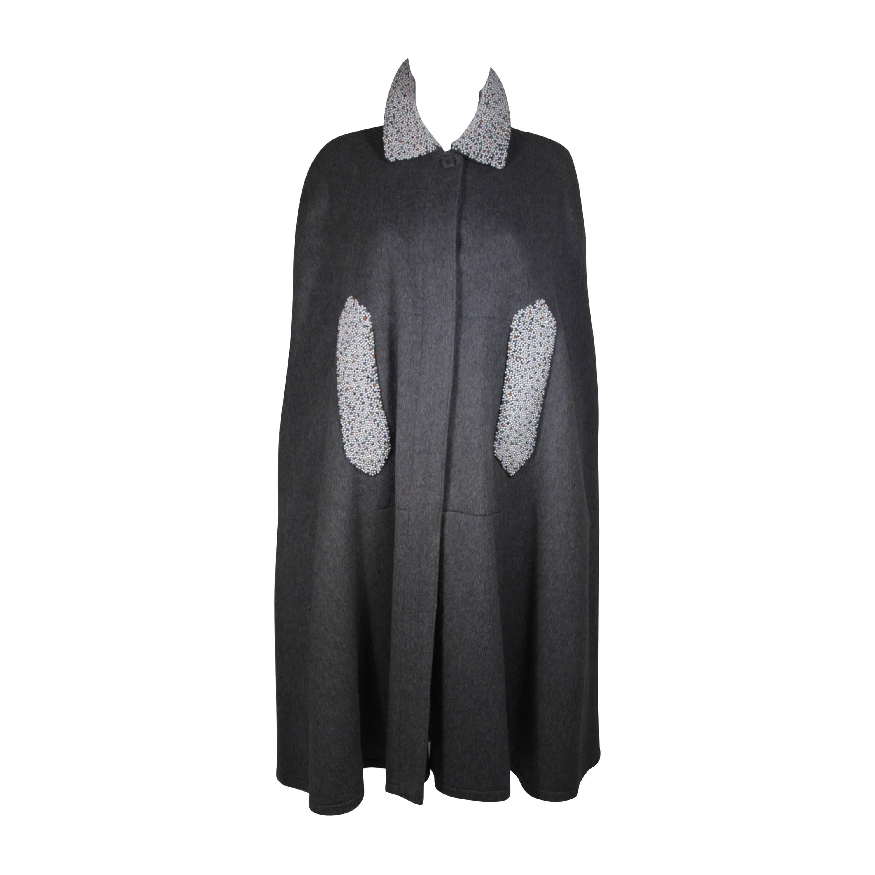 Vintage Grey Wool Cape with Pearl and Rhinestone Accents  For Sale
