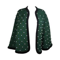 Vintage Green Wool Cape with Pearl Embellishments 
