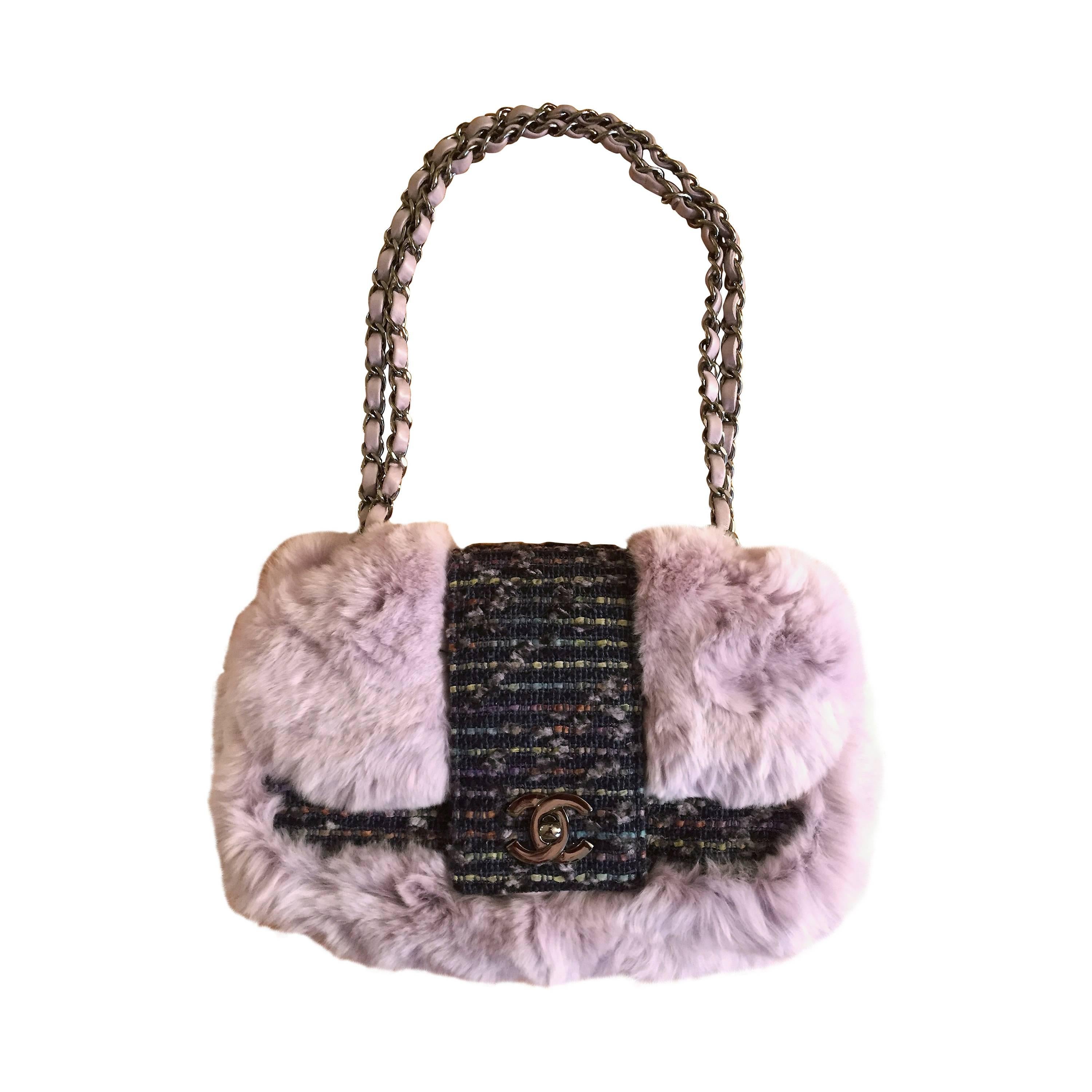 Chanel Limited Edition Fur and Tweed Flap Bag with CC Turn Lock 