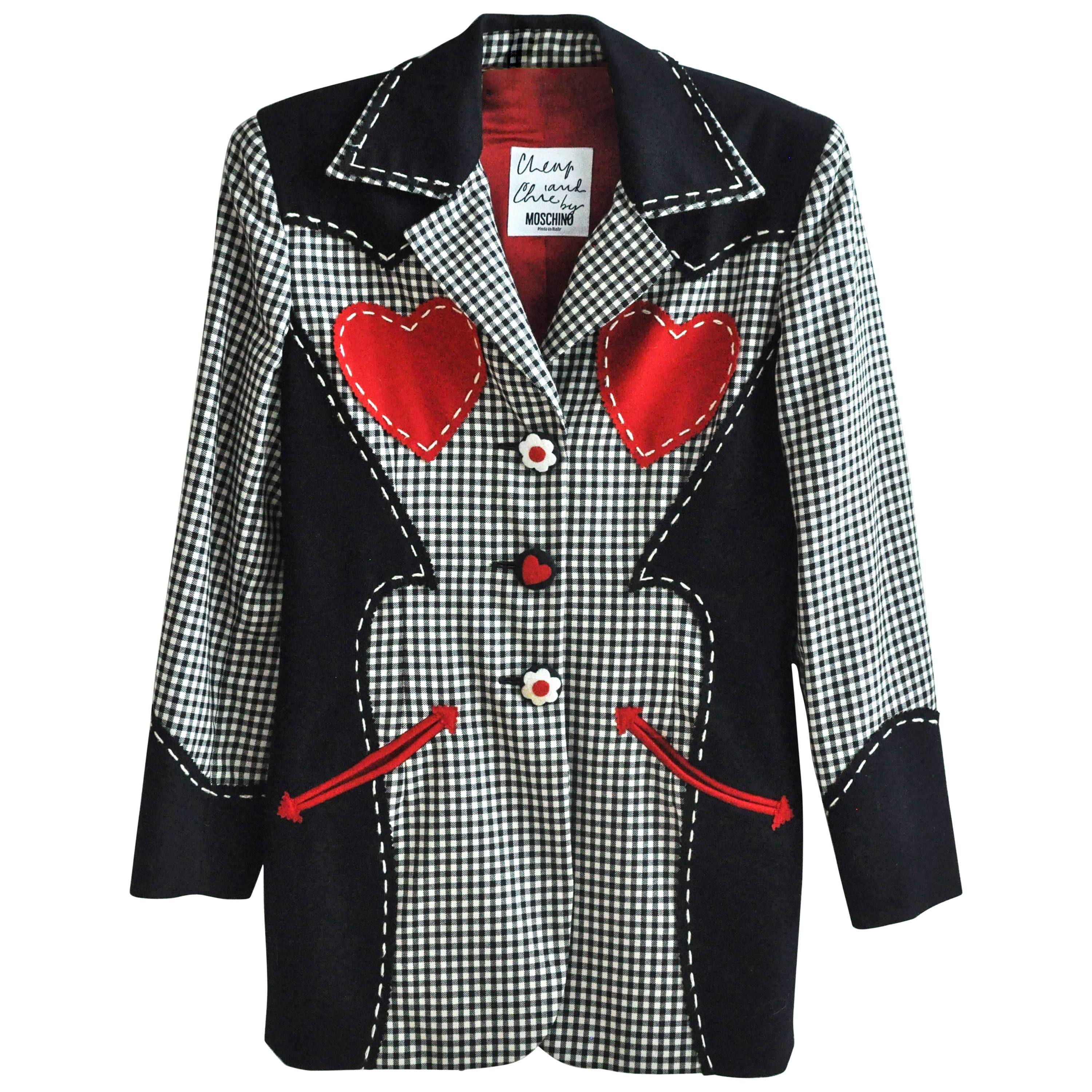 1990s Moschino Red Hearts Wool Jacket  For Sale
