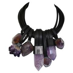 Monies Leather and Amethyst Multi Drop Necklace 