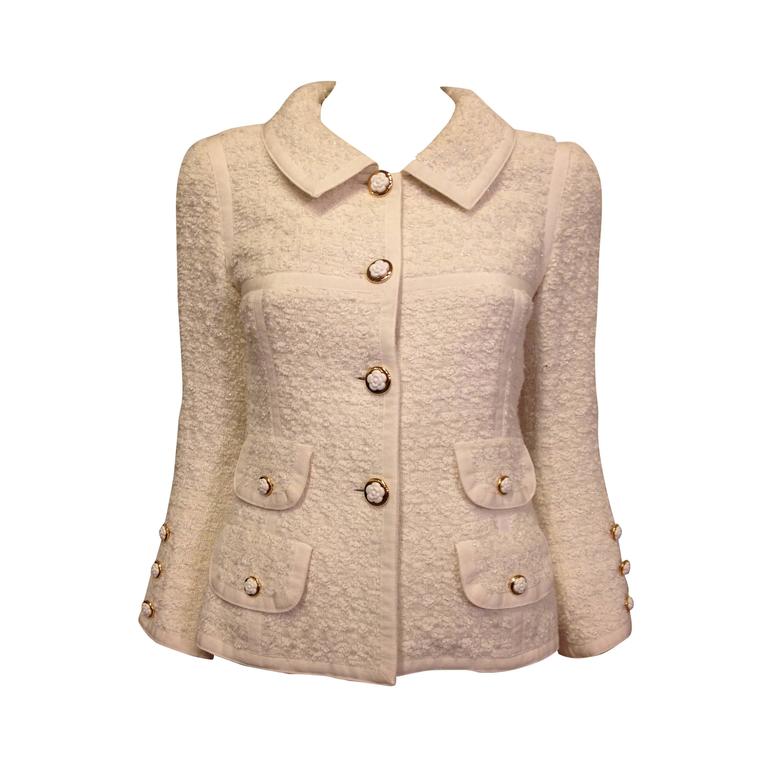 Chanel Cream Tweed Jacket with Camellia Buttons at 1stdibs