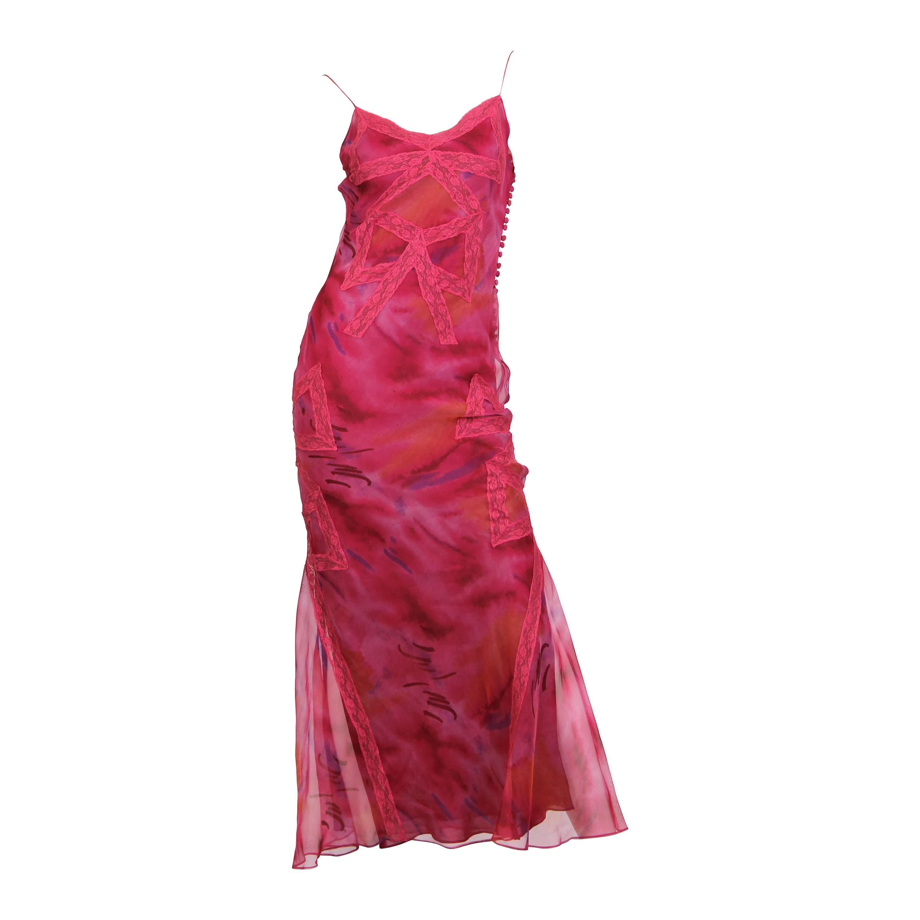 1990S JOHN GALLIANO CHRISTIAN DIOR Raspberry Pink Bias Cut Silk Organza Abstrac