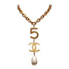 1980s Chanel Gilt Chain and Number 5 and CC pendant