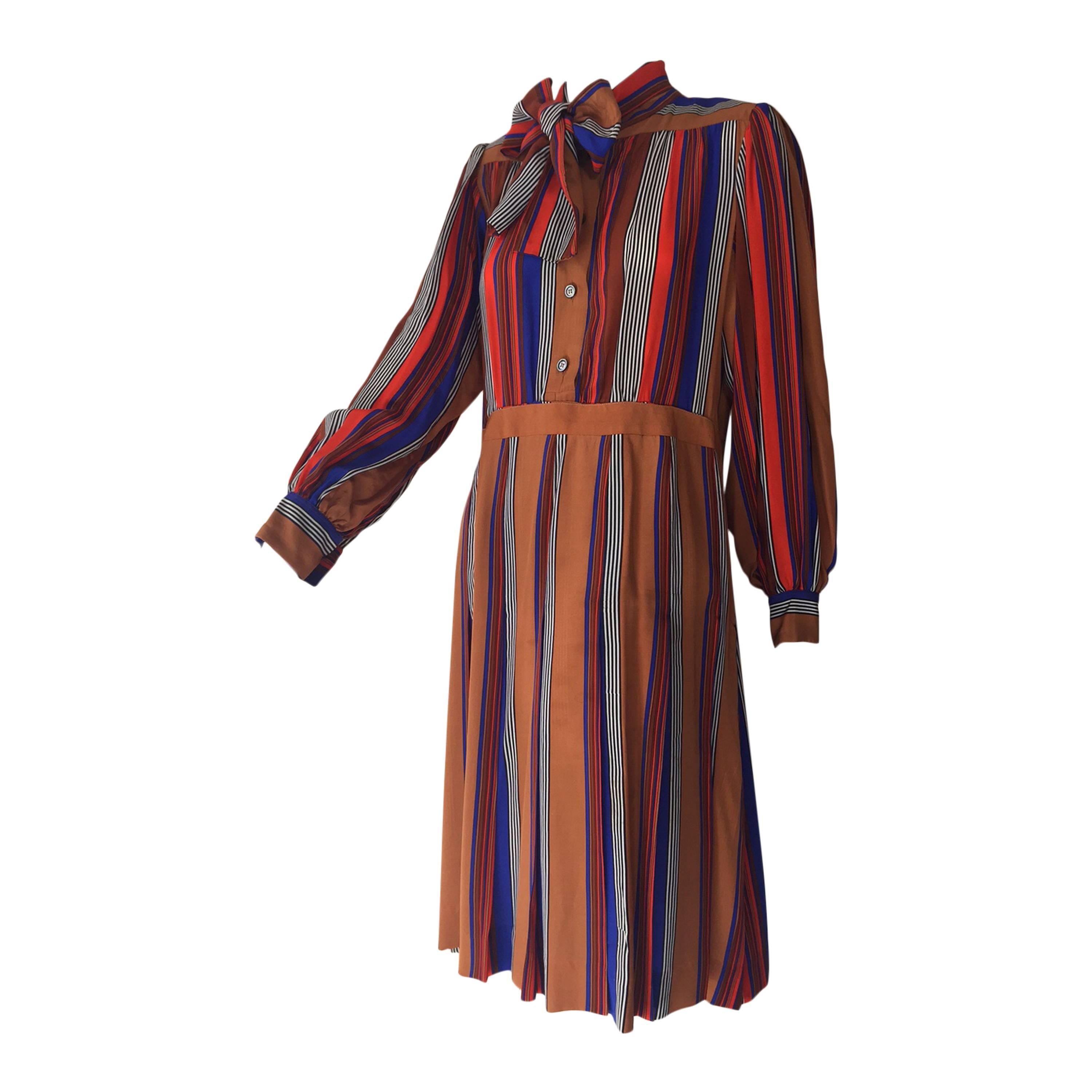 1970s Saint Laurent Silk Striped Day Dress w/ Foulard