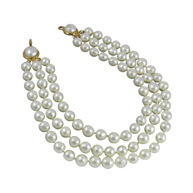 1970's Chanel Triple Strand Oversize Faux Pearl Necklace Choker at