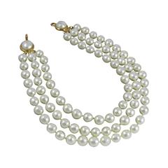 1970's Chanel Triple Strand Oversize Faux Pearl Necklace Choker 