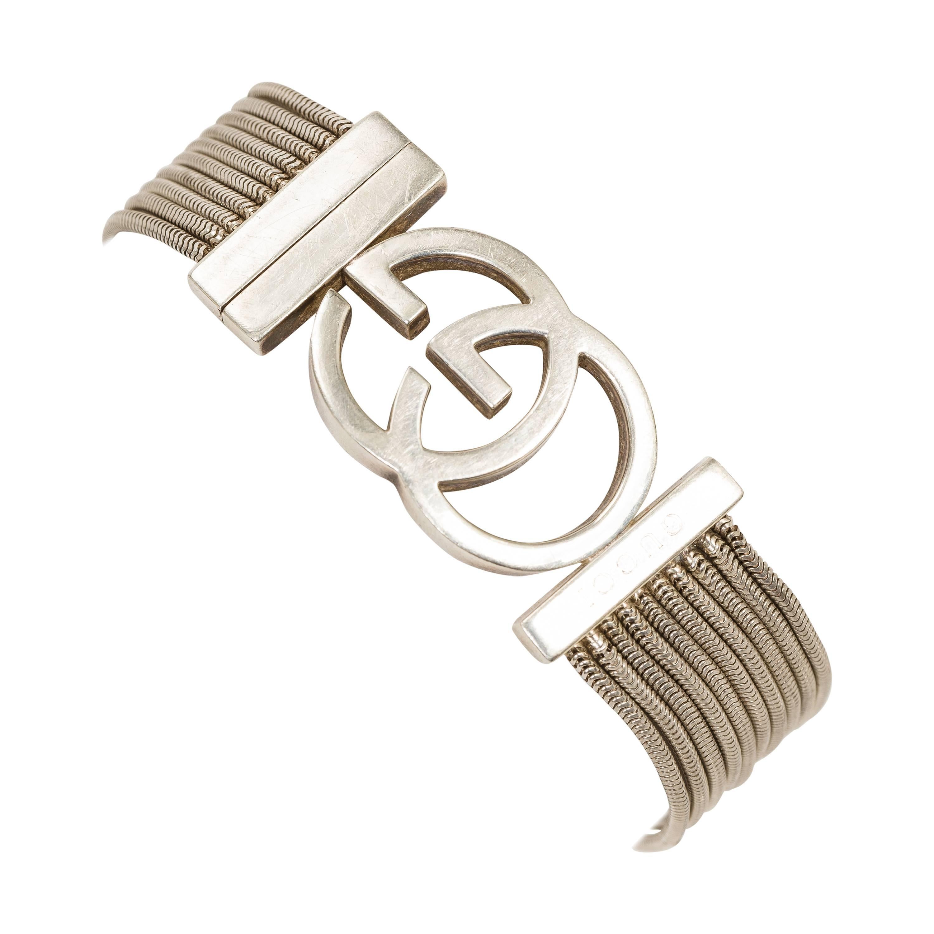 Vintage Gucci Sterling Silver Snake Chain Bracelet w/Interlocking GG Logo Clasp