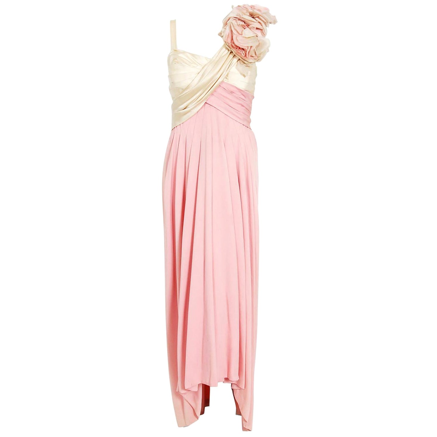 Vintage 1960's Film-Worn Pink Silk and Ivory Satin Floral Appliqué Draped Gown