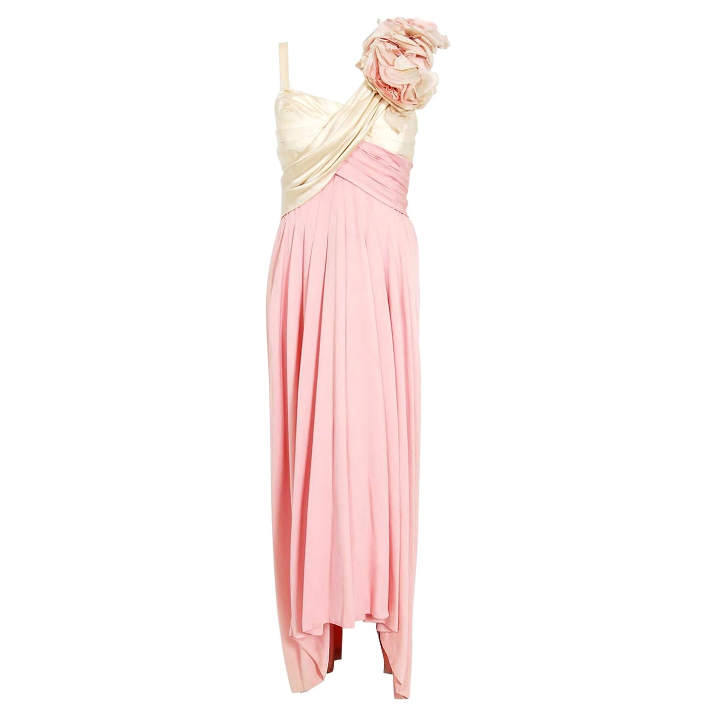 Vintage 1960s Rare Film-Worn Pink Silk & Ivory Satin Floral Appliqué Draped Gown For Sale