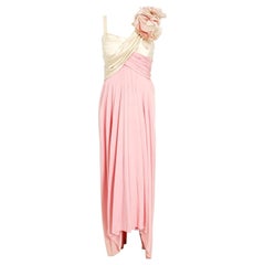 Vintage 1960s Rare Film-Worn Pink Silk & Ivory Satin Floral Appliqué Draped Gown