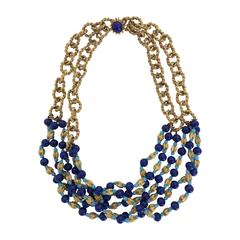 Vintage William Delillo azure blue & gold triple strand necklace 1960s 4