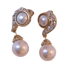 Christian Dior rhinestone & pearl drop clip on earrings