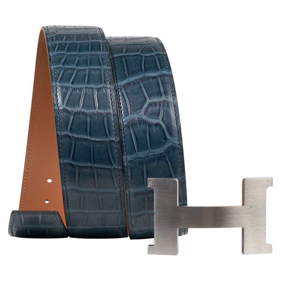 Hermes Constance 42 mm Belt Blue Tempete Matte Porosus Crocodile Palladium 90 For Sale