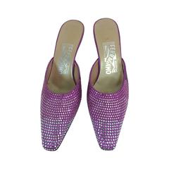 Ferragamo hot pink satin & Swarovski crystal high heeled mules 7 8