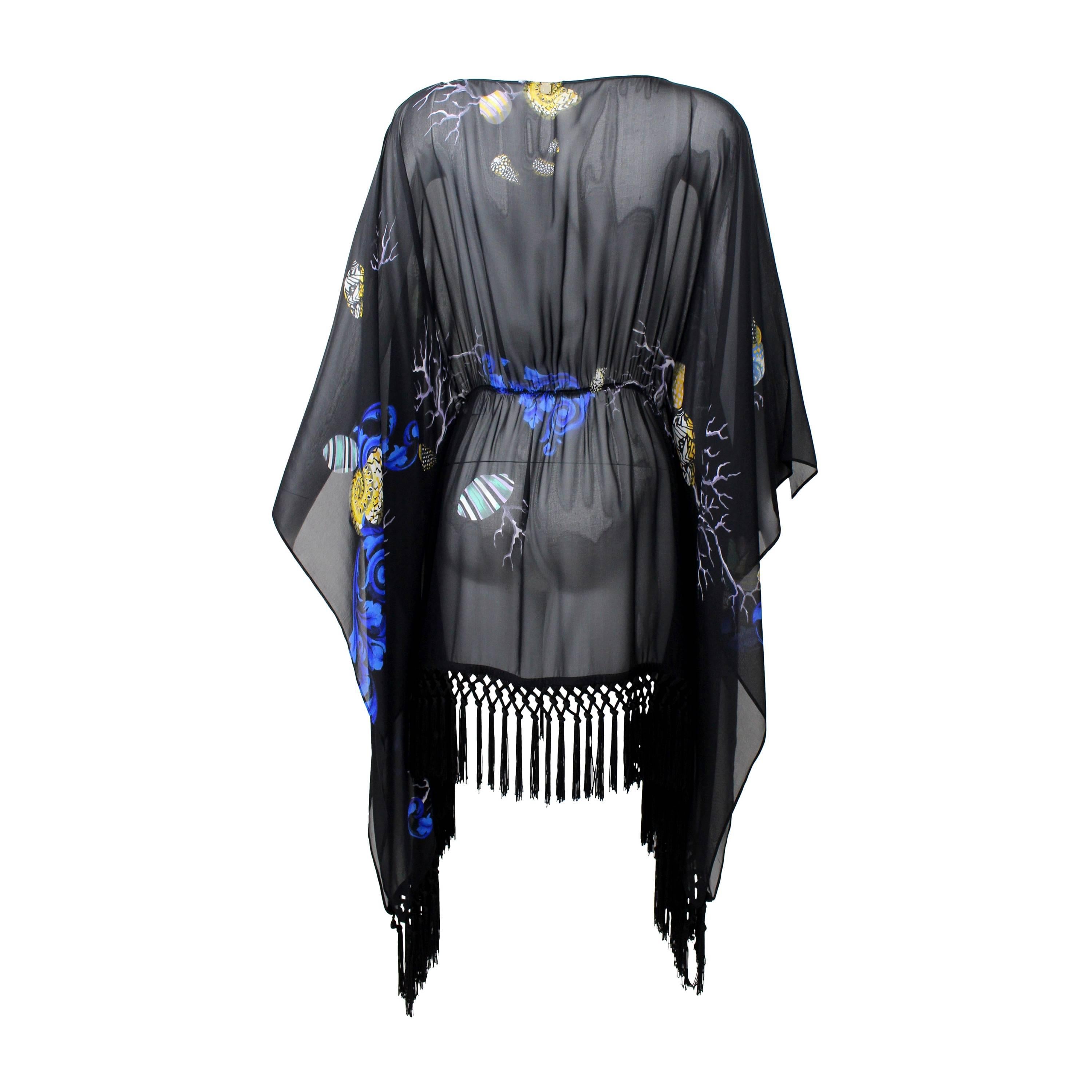 Versace  Black Silk Sheer Fringe Caftan Top with Sea Shell Print