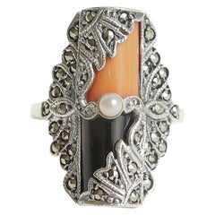 Art Deco Coral, Onyx, Pearl, Sterling Silver and Marquisette Ring