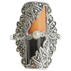 Art Deco Coral, Onyx, Pearl, Sterling Silver and Marquisette Ring
