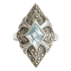 Vintage Sterling Silver Blue Topaz and Marquisette Art Deco Ring