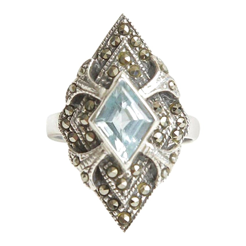 Sterling Silver Blue Topaz and Marquisette Art Deco Ring