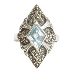 Vintage Sterling Silver Blue Topaz and Marquisette Art Deco Ring