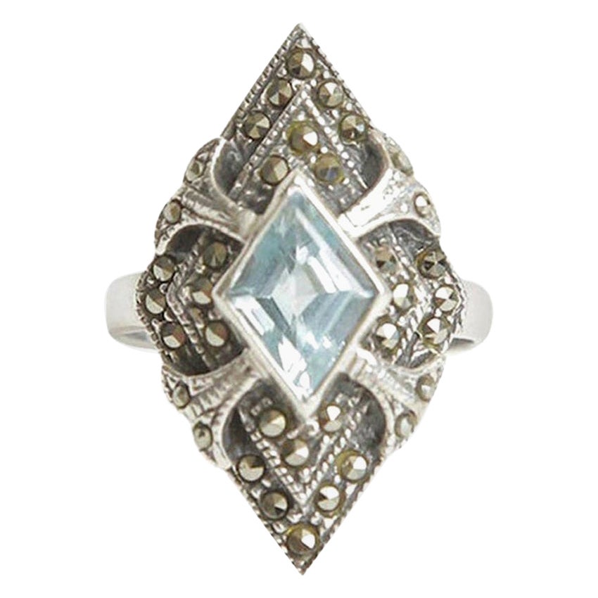 Sterling Silver Blue Topaz and Marquisette Art Deco Ring