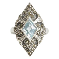 Vintage Sterling Silver Blue Topaz and Marquisette Art Deco Ring