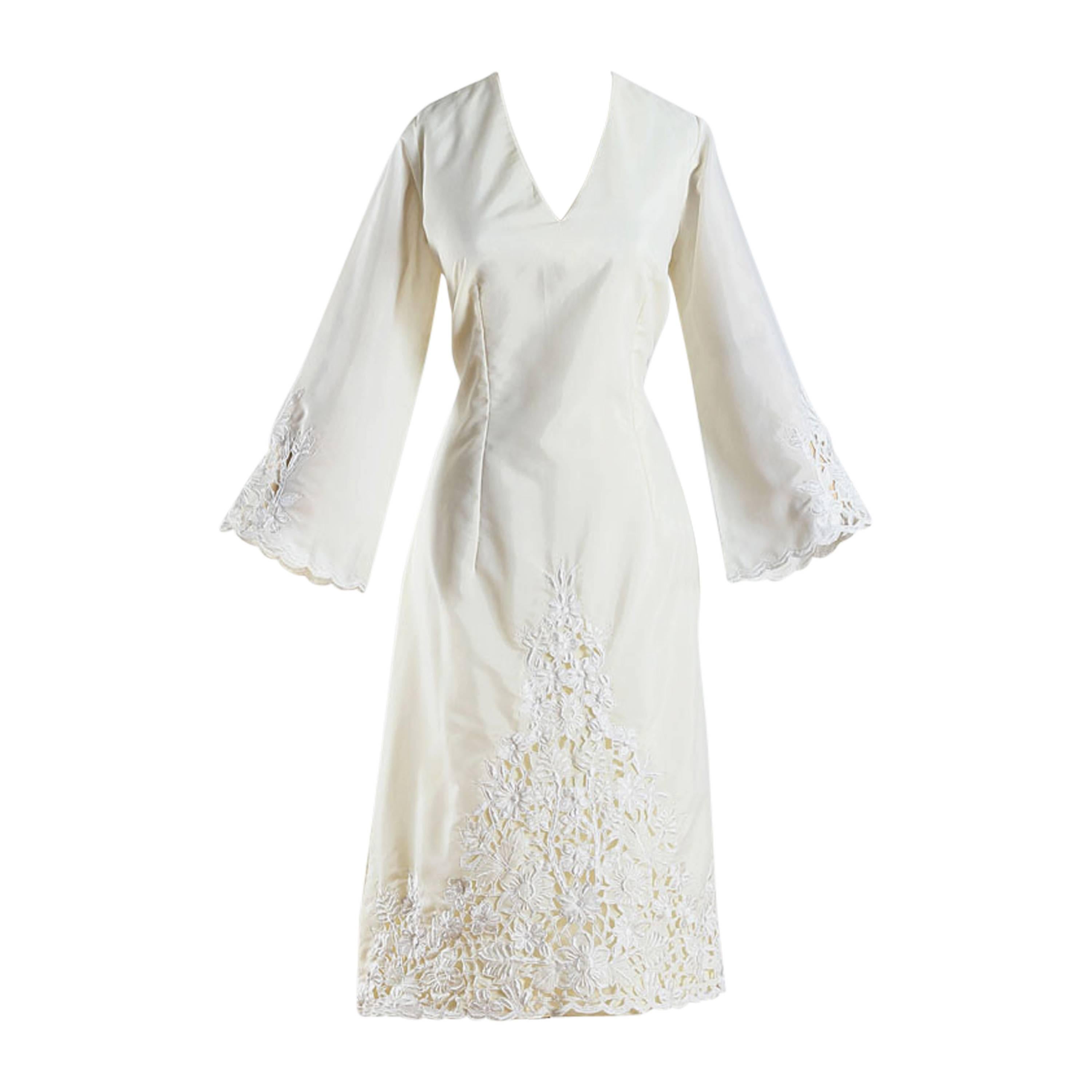 Vintage 1960s Ivory Floral Embroidered Dress For Sale
