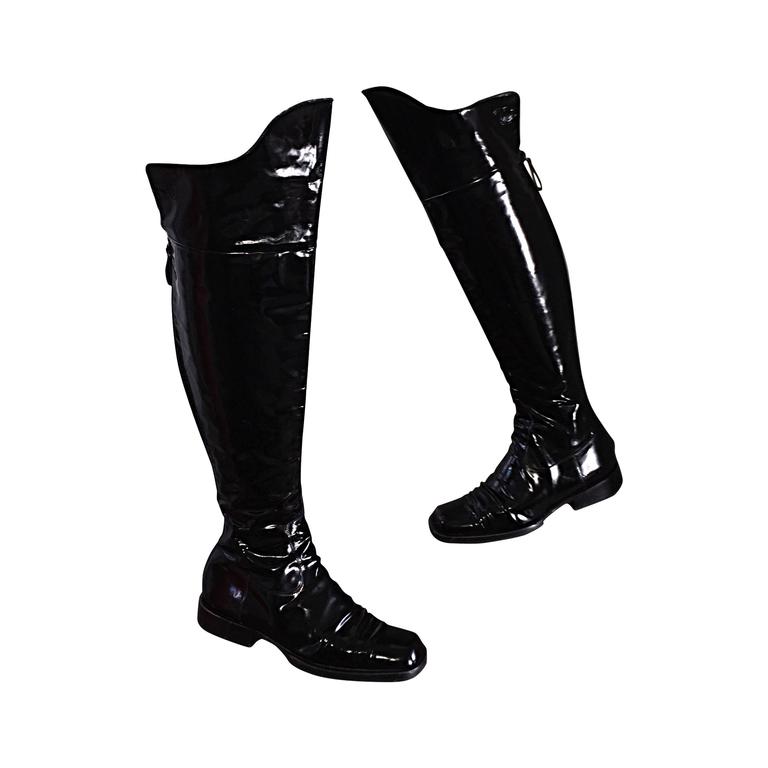 CHANEL 2020 Patent Leather CC Logo Cap Toe Over The Knee High Tall Boots  $2025