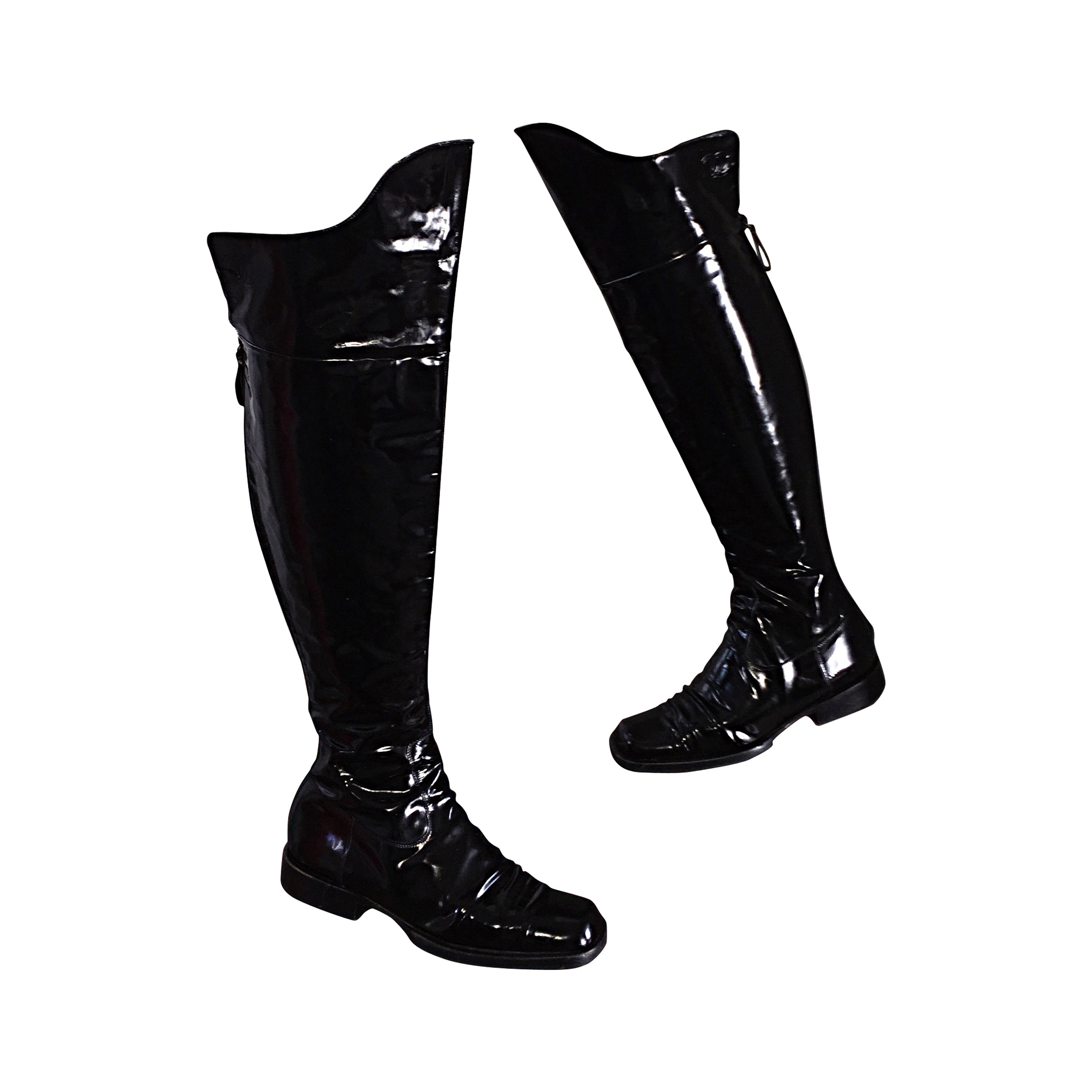 Coveted Chanel Black Patent Leather Over The Knee Riding Flat Boots Size 38 8 at 1stDibs | chanel patent leather boots, patent leather flat boots, chanel patent boots Coveted Chanel Black Patent Leather Over The Knee Riding Flat Boots Size 38 8 at 1stDibs | chanel patent leather boots, patent leather flat boots, chanel patent boots