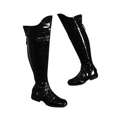 Coveted Chanel Noir Patent Leather Over The Knee Riding Flat Boots Taille 38 8