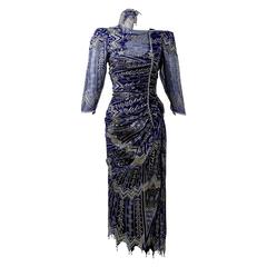 Vintage Zandra Rhodes Hand Painted Silk Dress, Pearl trimmed Slip & Headpiece 4