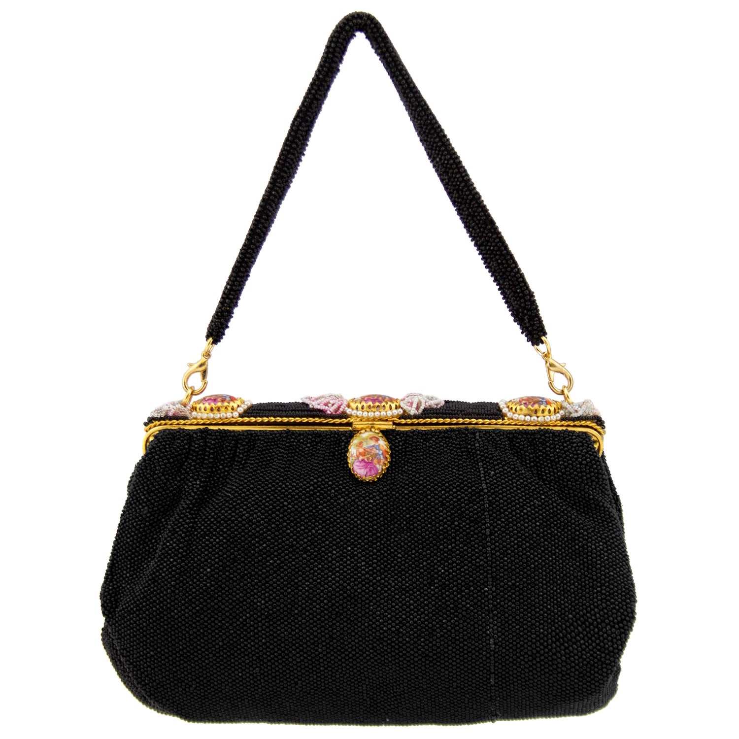 Vintage French Embroidered Beaded Black and Pink Evening Bag at 1stDibs