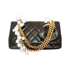 Moschino Pearlized Black Lambskin Leather Quilted Crossbody w/ Pearls-GHW