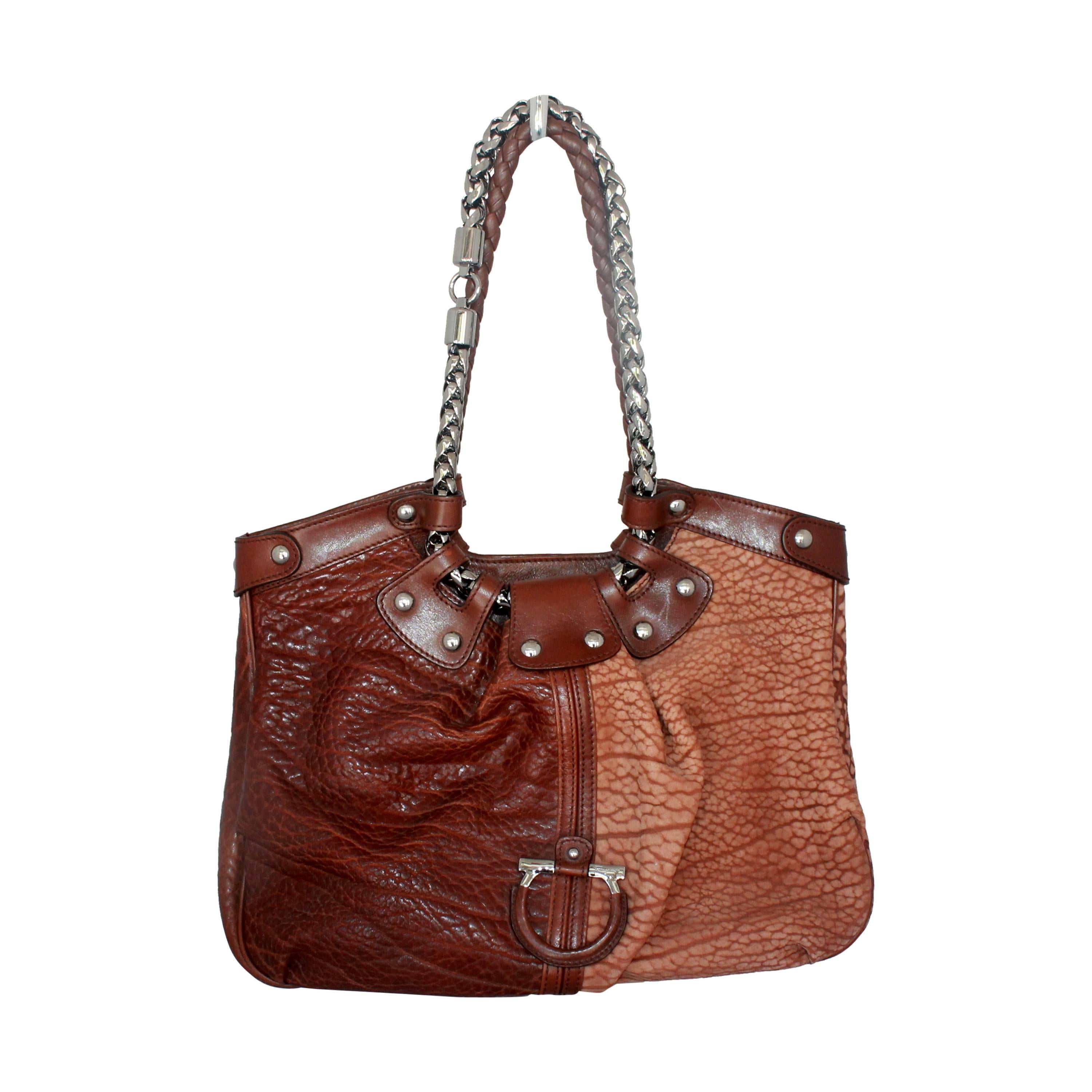 Salvatore Ferragamo Two-Toned Brown Leather Should Bag - SHW