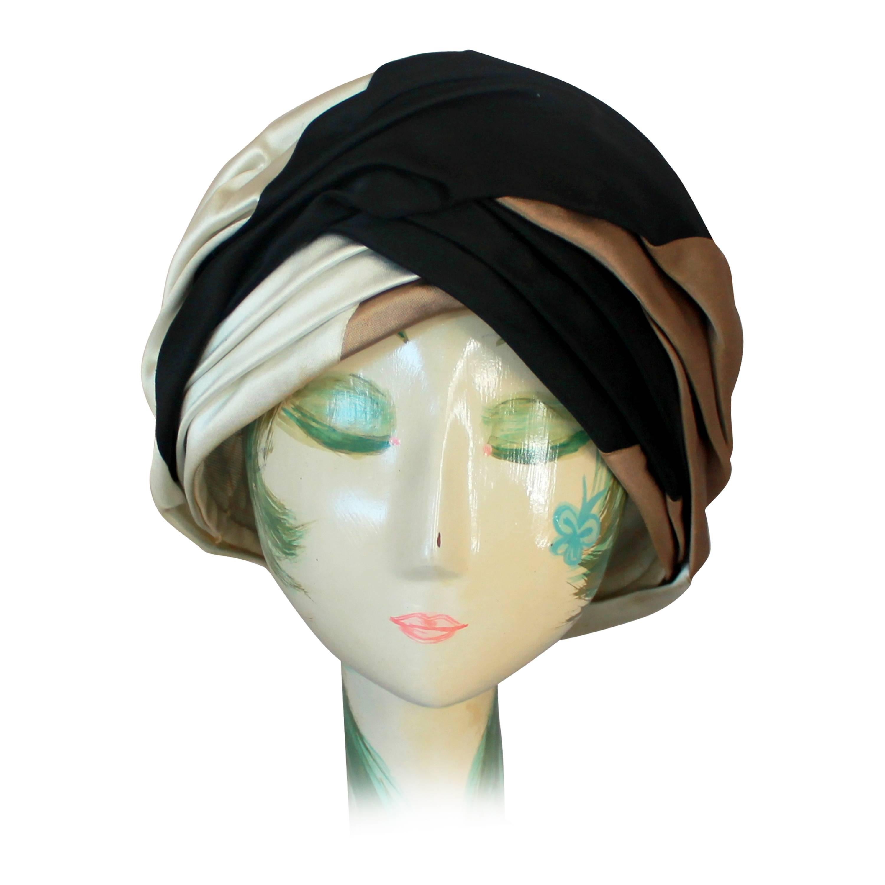 Christian Dior 1960's Vintage Black, Brown & Ivory Silk Turban Hat 