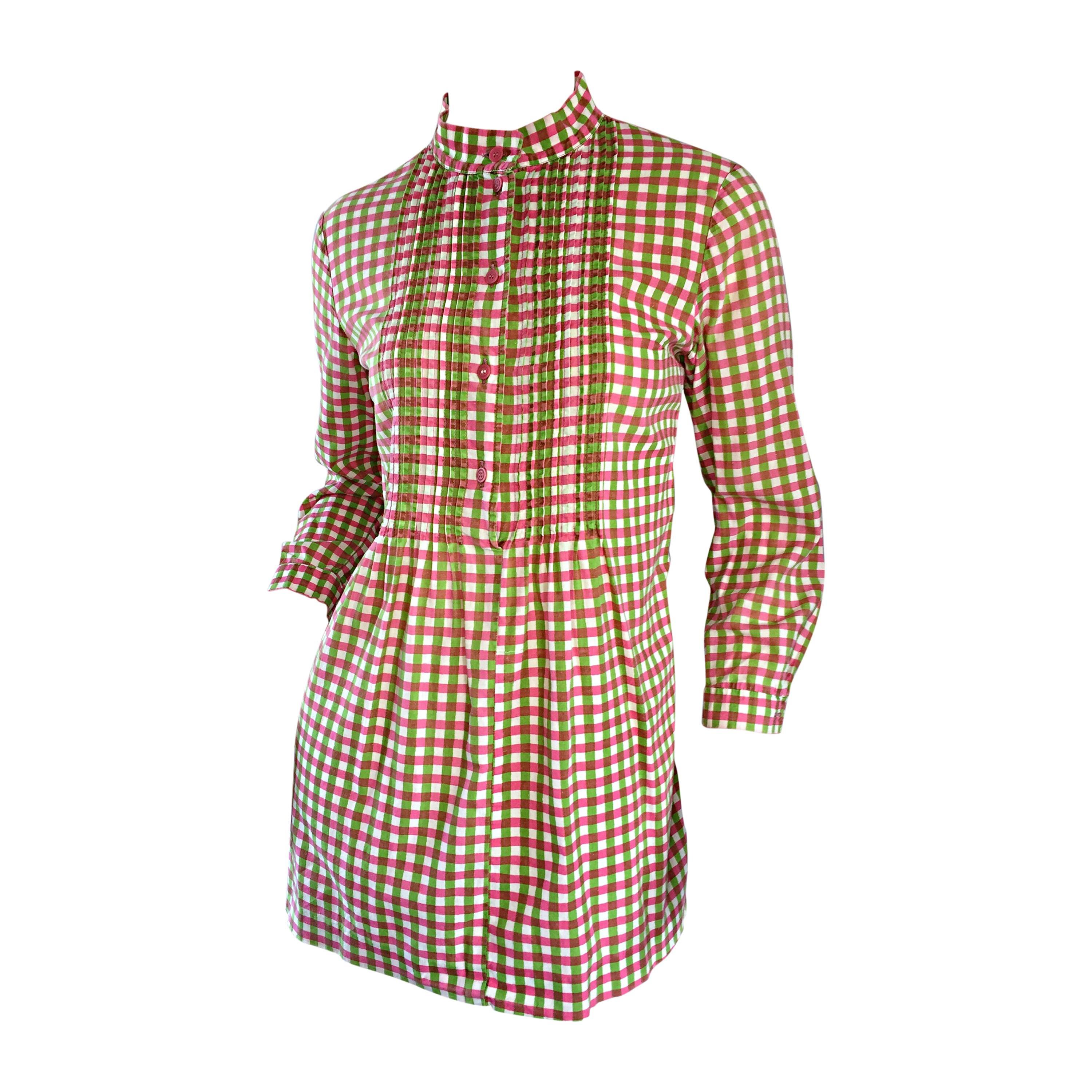 Vintage 1960s Marimekko of Finland 60s Pink and Green Checkered Tunic Mini Dress For Sale