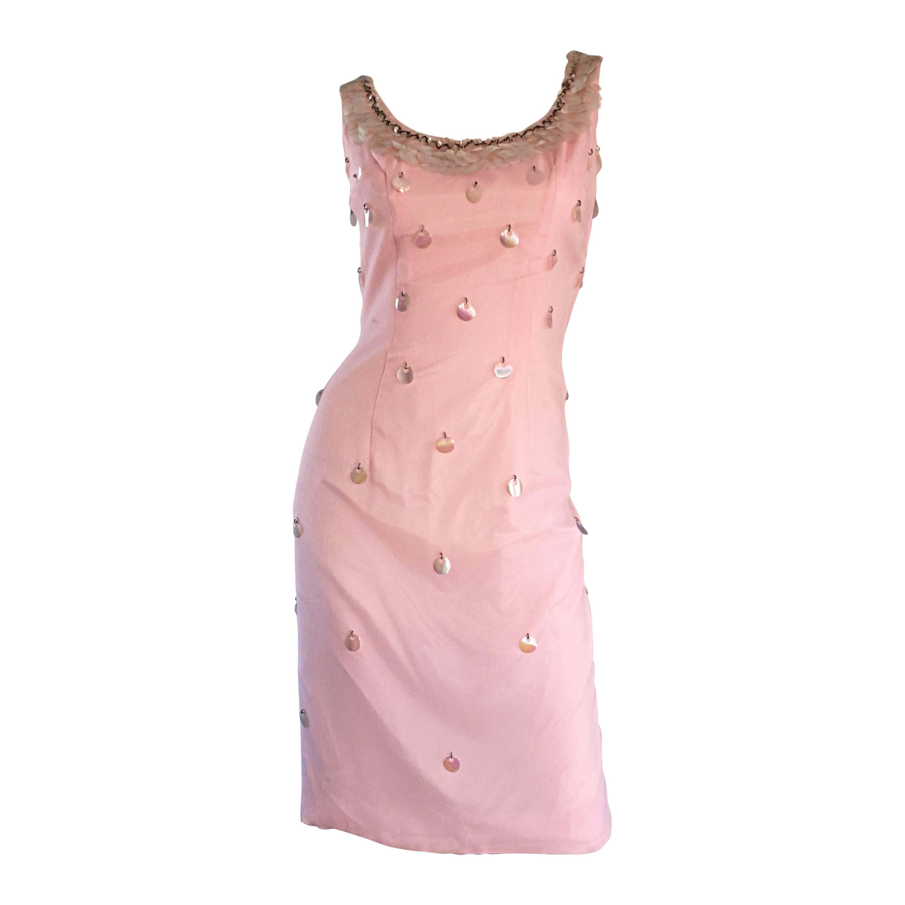 1960s Lilli Diamond Brand New Light Pink Silk Wiggle Dress w/ Paillettes + Beads