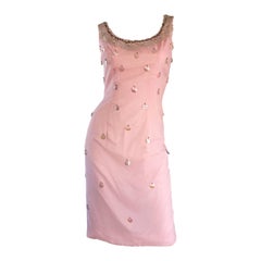 1960s Lilli Diamond Brand New Light Pink Silk Wiggle Dress w/ Paillettes + Beads
