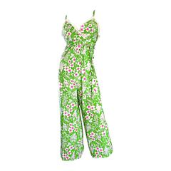 Amazing Vintage 1970s 70s Jumpsuit In Neon Green + Pink + White w/ Flowers Lace
