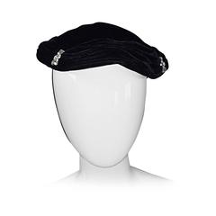 Beautiful 1940s Silk Velvet Vintage Black Hat w/ Rhinestones and Chin Strap 12