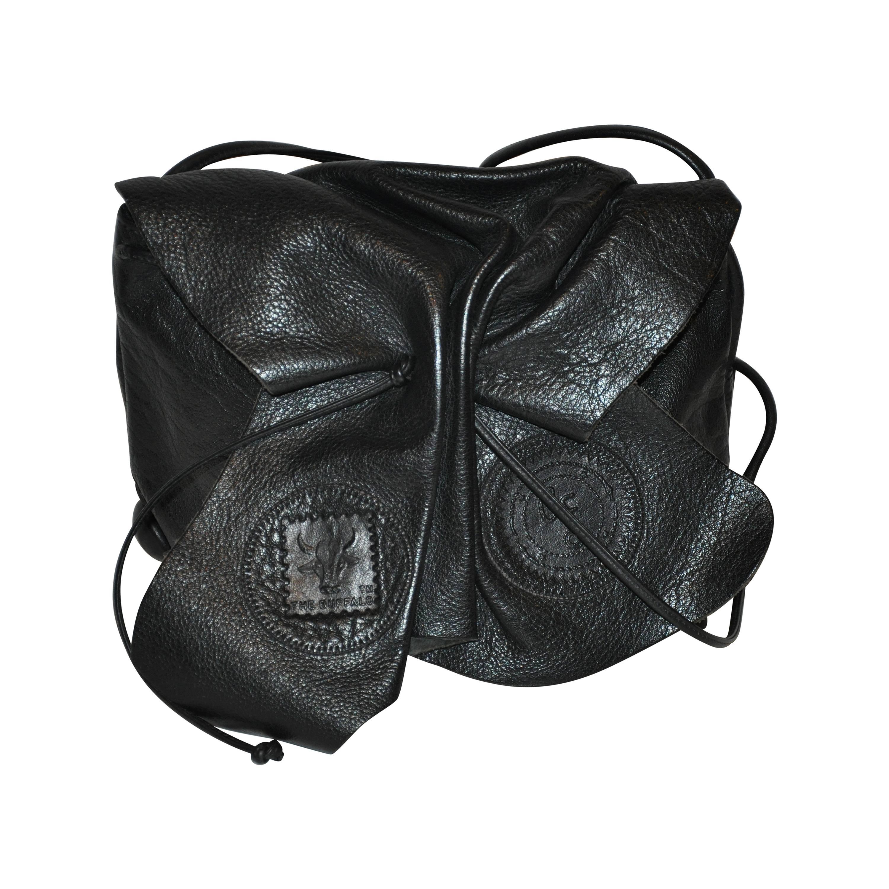 Carlos Falchi Signature Black Textured Calfskin Drawstring Shoulder Bag