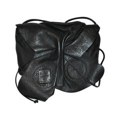 Retro Carlos Falchi Signature Black Textured Calfskin Drawstring Shoulder Bag