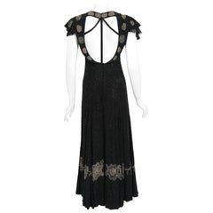 Vintage 1930's French Couture Beaded Black Silk Flutter Sleeve Open-Back Dress  