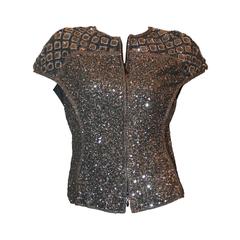 Escada Heavily Beaded Gunmetal Top w/ Satin Sash - 38 - NWT 12